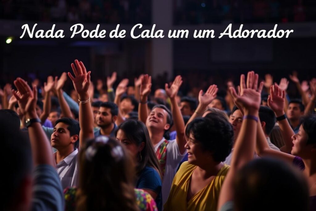 Multidão em um culto de adoração com mãos levantadas cantando Nada Pode Calar um Adorador Multidão em um culto de adoração com mãos levantadas cantando Nada Pode Calar um Adorador